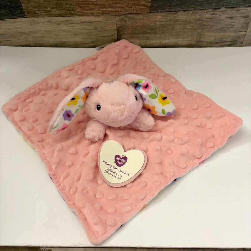 Parents Choice Pink Bunny Security Baby Blanket Floral Minky Lovey 11x11 NEW